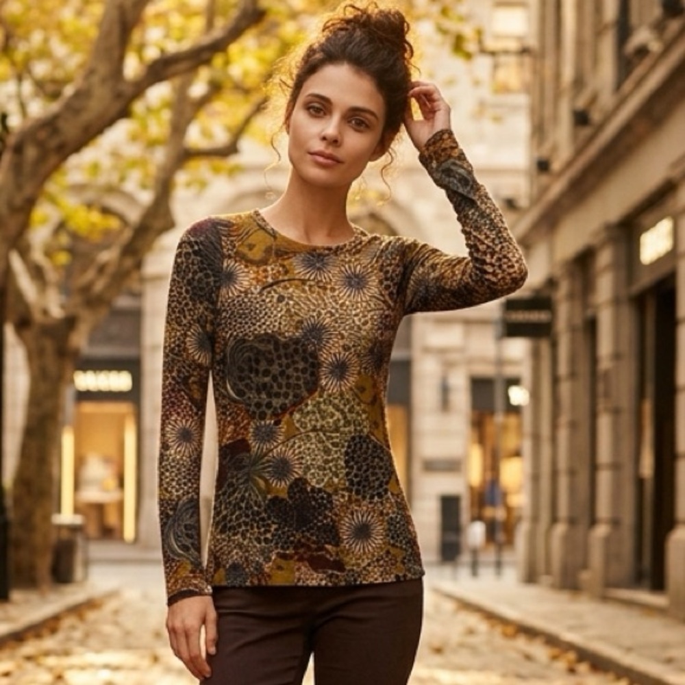 Karen Kane Women’s Printed Long Sleeve Top Size Small Boho Stretch Knit